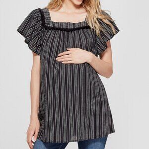 Striped Short Sleeve Woven Black Maternity Blouse